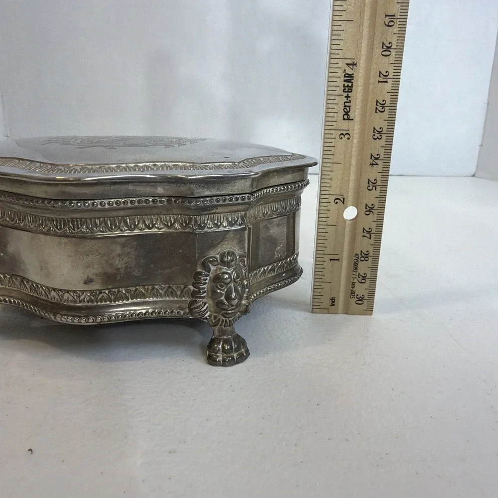 Vintage Silver Plated Jewelry Trinket Box Lion Feet British Royal Coat of Arms